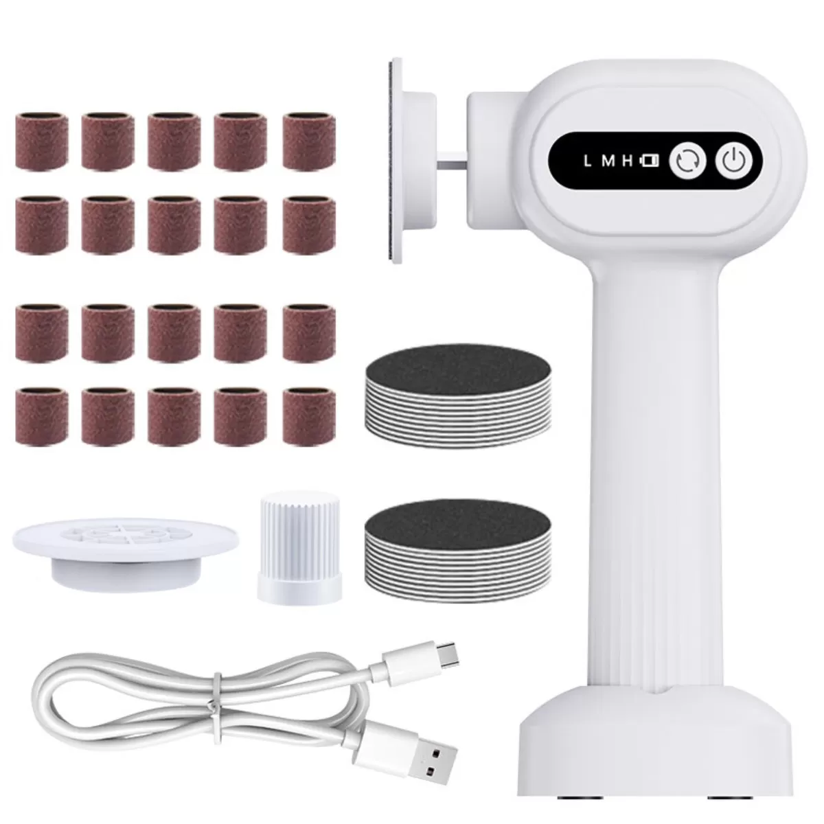 INF Elektrisk fotfil kompatibelt med 6-växlad justering och dubbelladdningsbas för professionell fotvård och borttagning av Vit