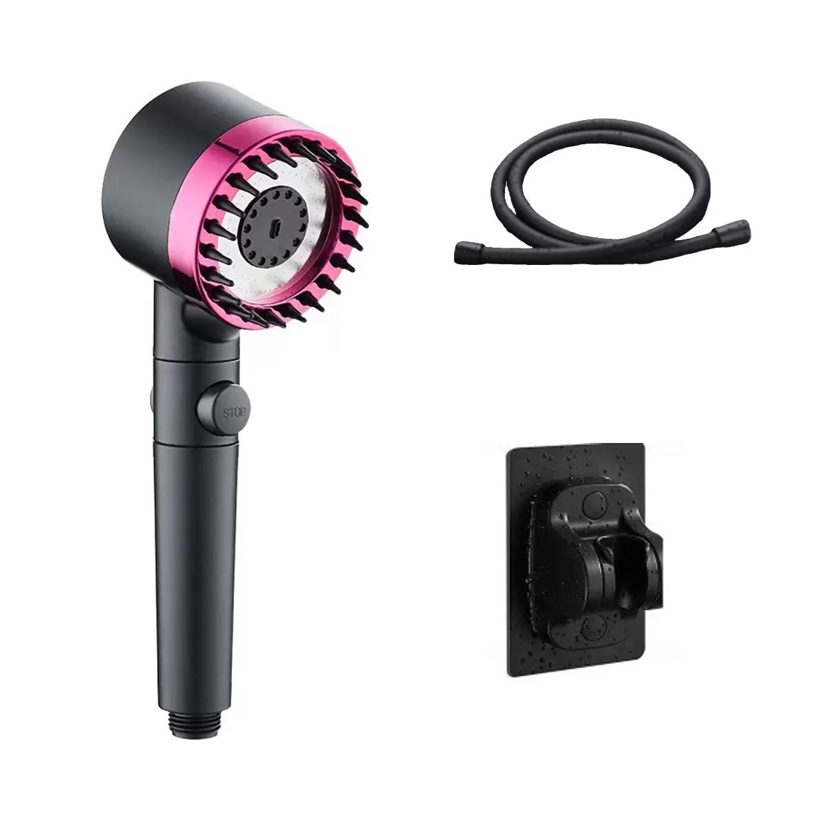 INF Högtrycks handdusch 3-läge med entrycks stopp, PP-filter, 1.5m PVC-slang och borrfri hållare