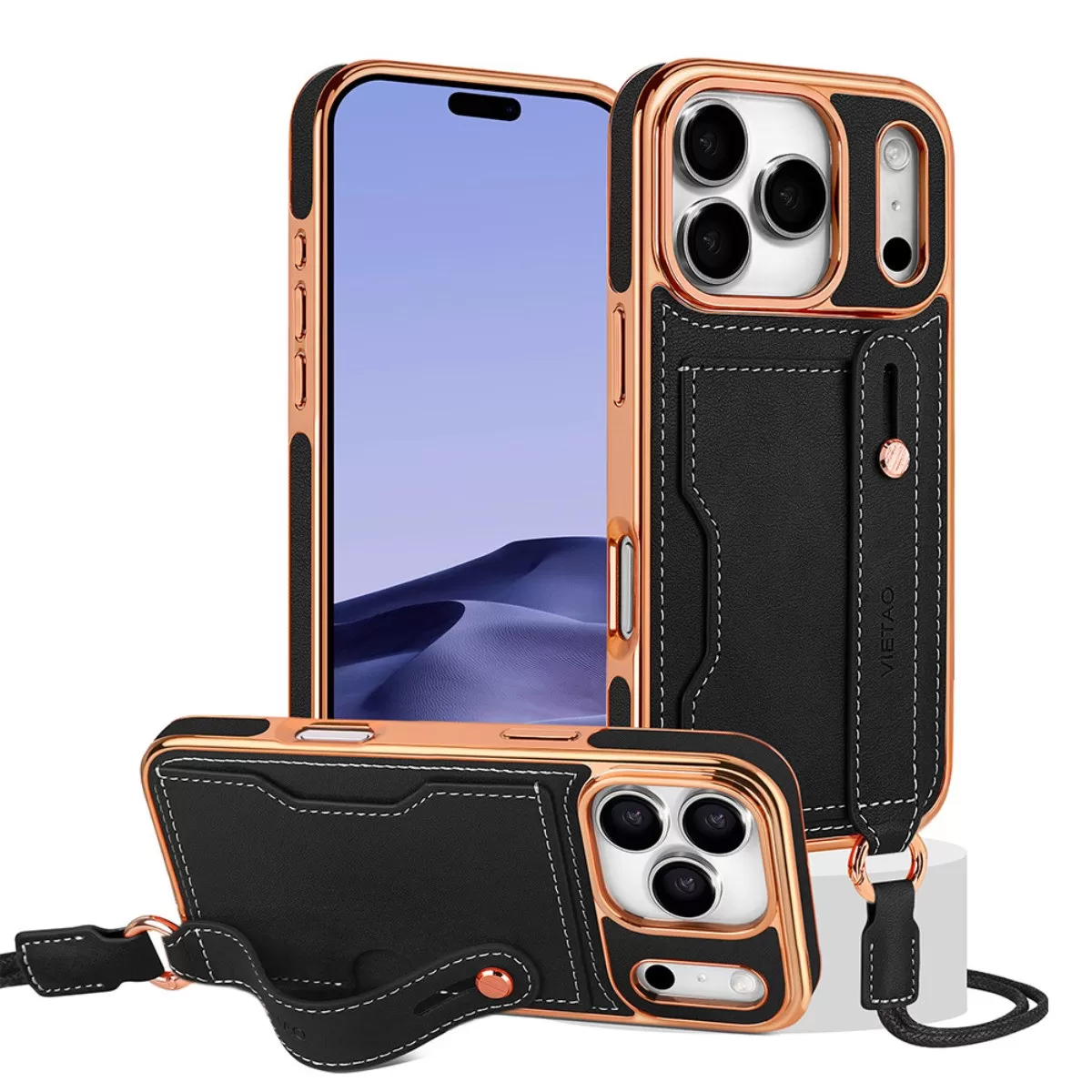 INF iPhone 17-fodral kompatibelt med med kortfack, axelrem och handledsrem - PU+TPU stöttåligt skydd