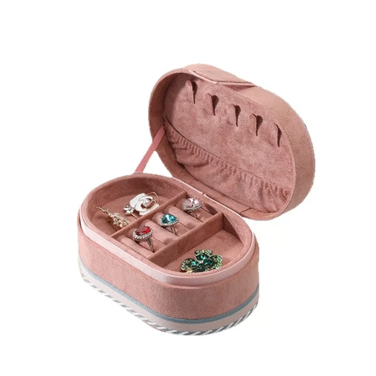 INF Portabel Smyckeslåda i Sammet - Rosa Bärbar Resefodral med Dragkedja för Ringar, Hängen, Armband