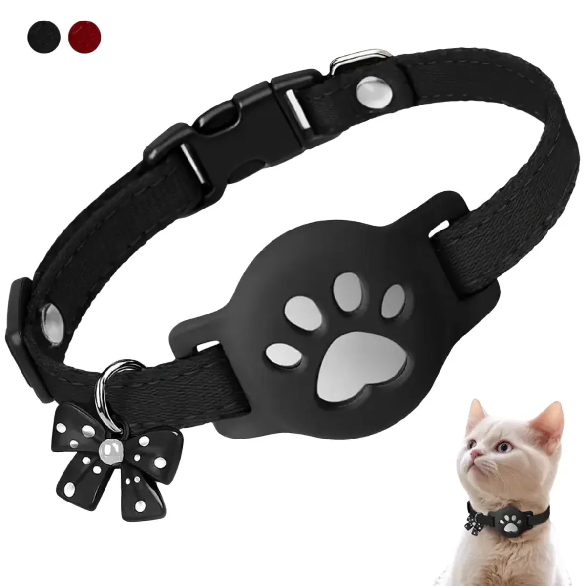 INF Justerbart reflexhalsband för katt med silikonhållare kompatibelt med Apple AirTag, vattentätt spårhalsband för iOS Find My Svart