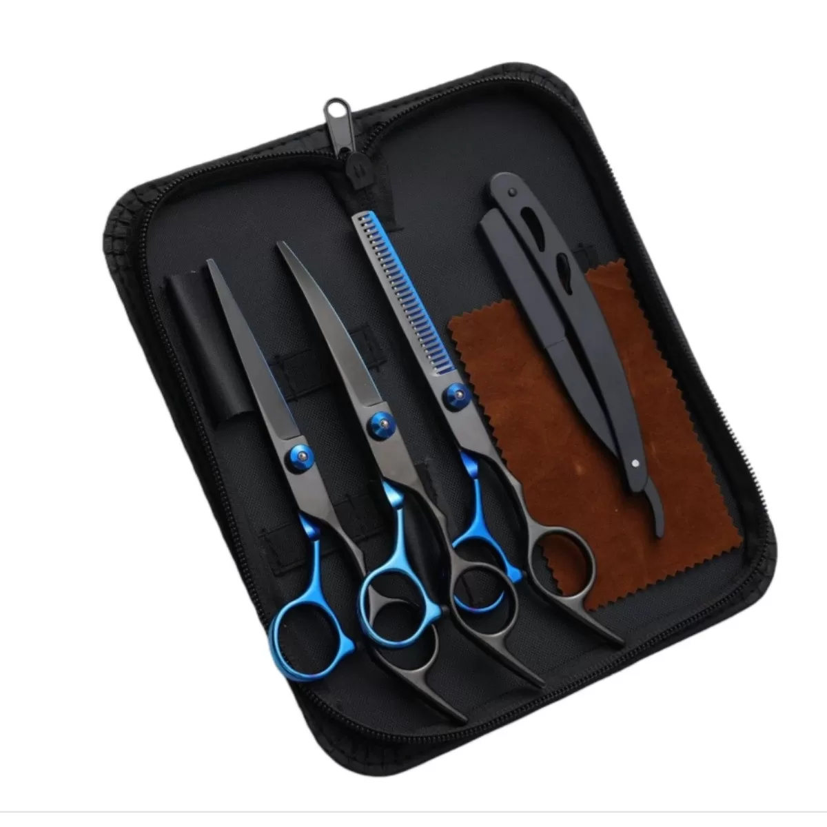 INF 6-tums Kurvade Professionella Frisörsaxar Set - Rostfritt Stål Precision Smalbladiga Saxar med Tunnande Sax och Rakkniv, Blå+svart
