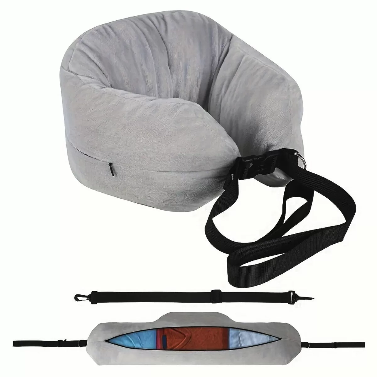 INF Justerbar Resekudde med Förvaring - Memory Foam U-formad Crossbody Nackkudde för Resor, Kontor och Vila Grå