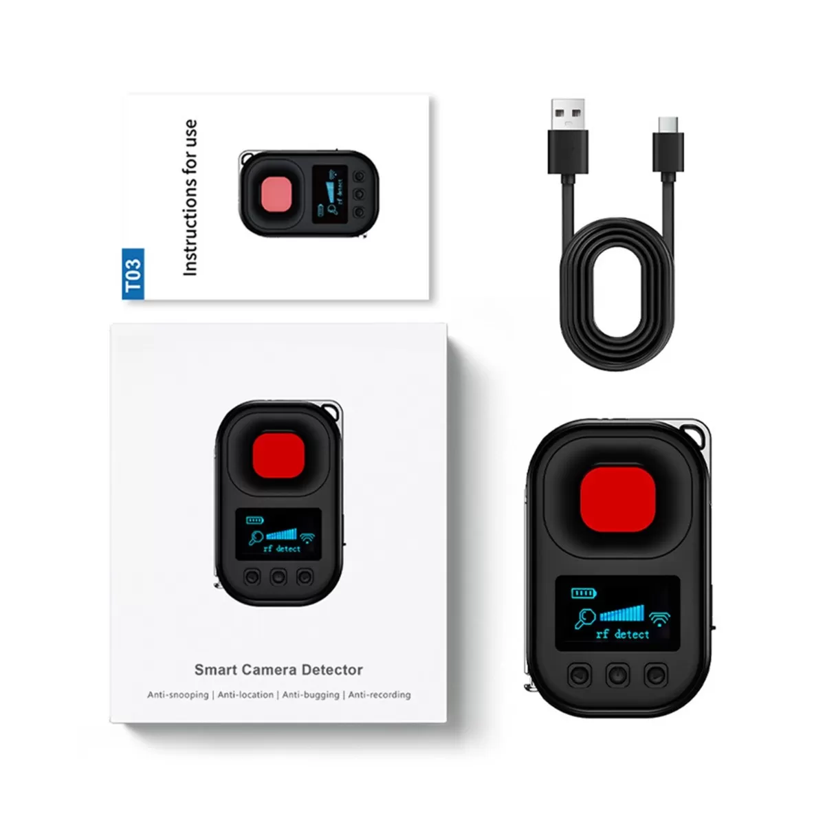 INF Smart svart dold kameradetektor – RF-signal, infraröd och GPS anti-lokalisering med vibrationslarm, 0-10m räckvidd