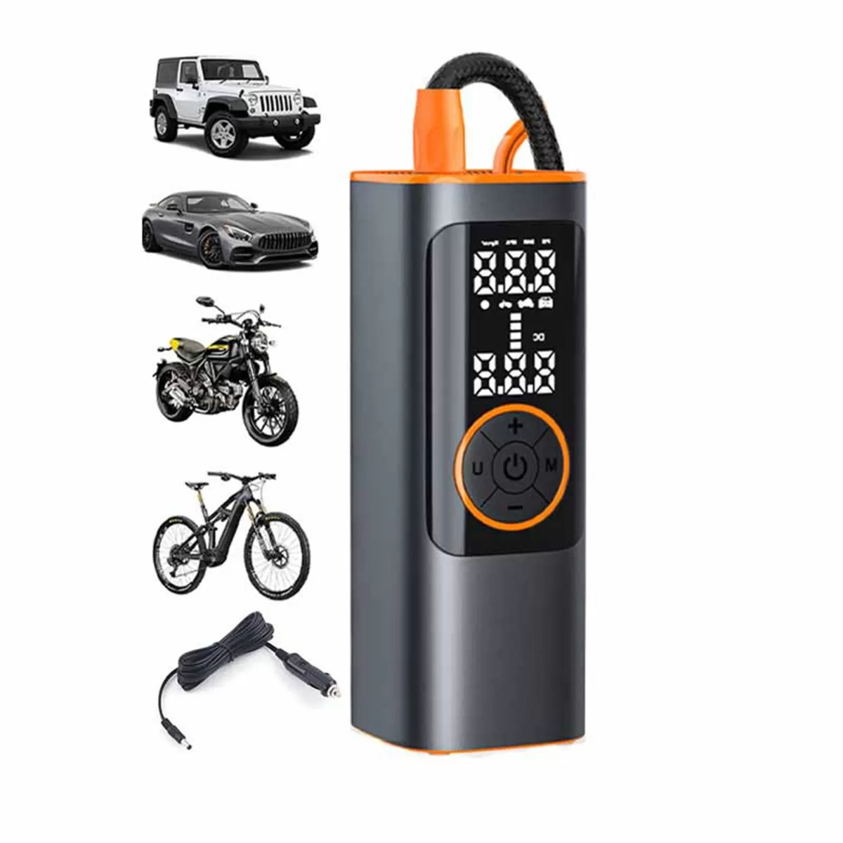 INF Trådlös däckpump med USB-strömbank - 150PSI portabel luftkompressor, 25L/min snabbuppblåsning, LED nödbelysning, DC12V