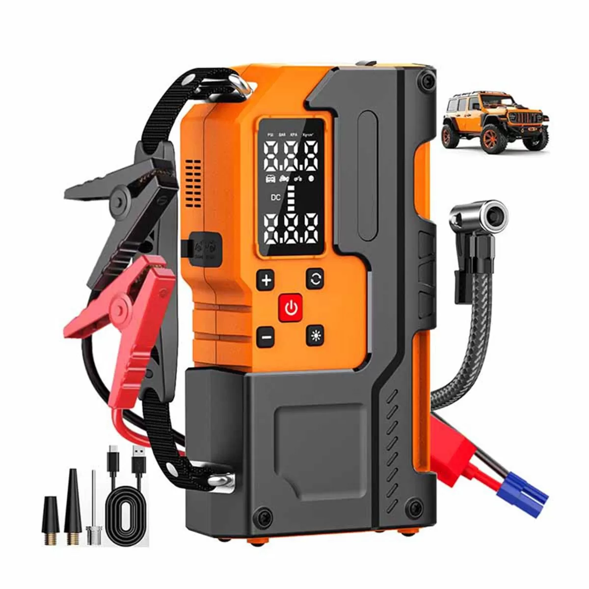 INF Högpresterande bilstarthjälp med luftkompressor – 10000mAh portabel däckpump och powerbank, 120W 12V, Type-C-laddning, LED