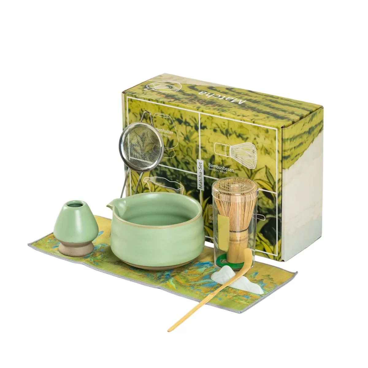 INF Matcha-set 7 delar med hällpip – Kaolin matchakit med visp, sil och skål för traditionell teberedning Grön
