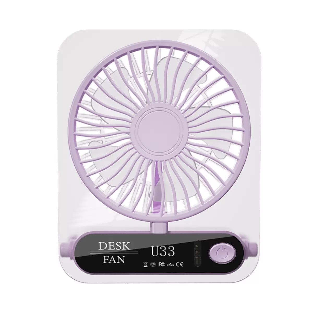 INF Transparent bordsfläkt med digital skärm - USB-uppladdningsbar 2000mAh, 4-hastighets, hopfällbar för bord och väggmontering Lila