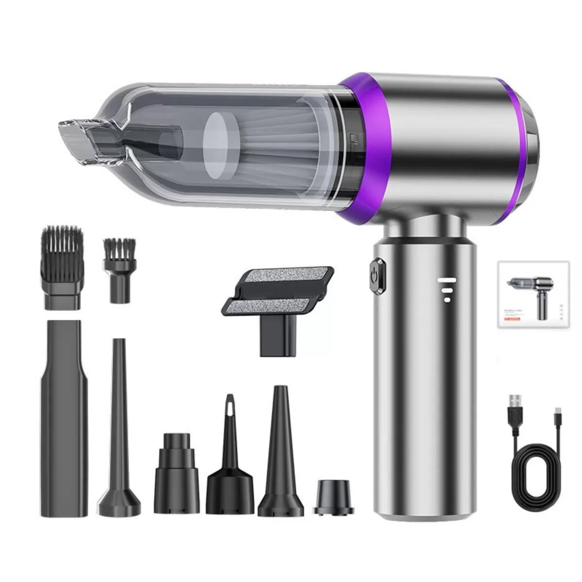 INF Borstlös handhållen bil- och bärbar dammsugare med USB-C, batterinivådisplay, 16000Pa sugkraft, 6000mAh, Silver-Purpur