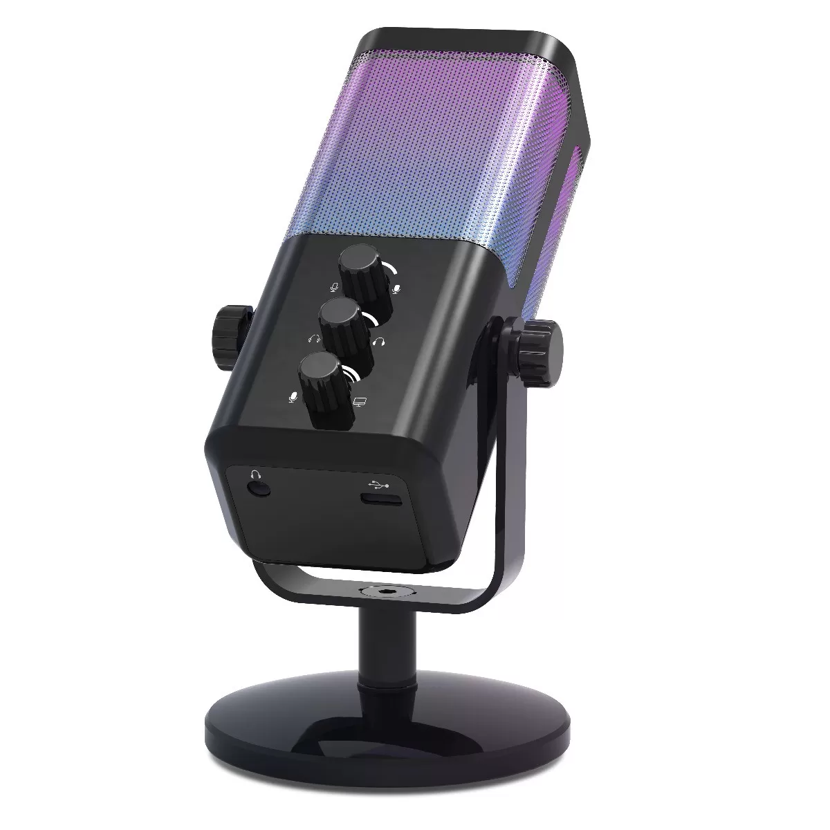INF USB RGB spelkondensatormikrofon för PC – Plug-and-Play, 3,5mm hörlursuttag, 360° justerbar stativ, smart brusreducering Svart