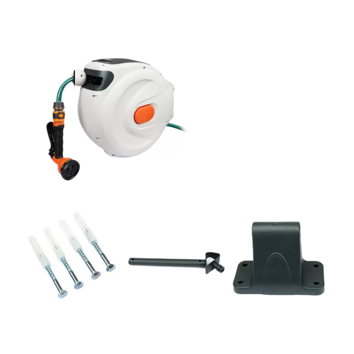 INF Automatisk indragningsslangrulle 20m med plastkoppling, ABS-hölje, väggmonterbar 180° sväng och flerläges sprutpistol