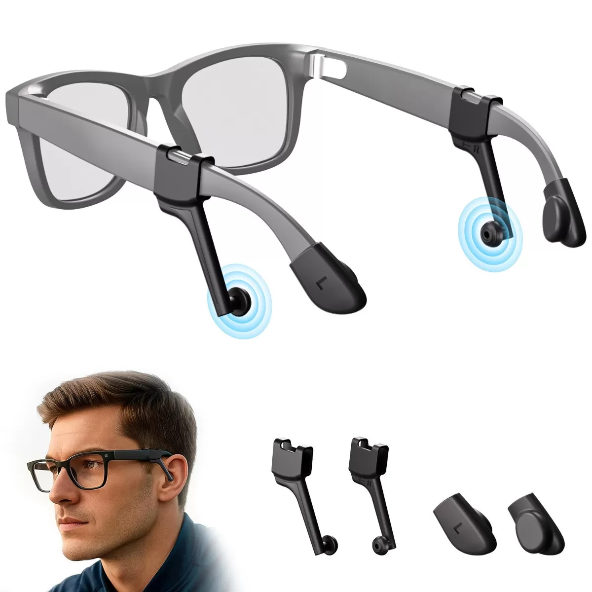 INF Ljudledningsrör för glasögon, akustisk koncentrator – svart (Meta kompatibelt med Ray-Ban Wayfarer och Skyler,