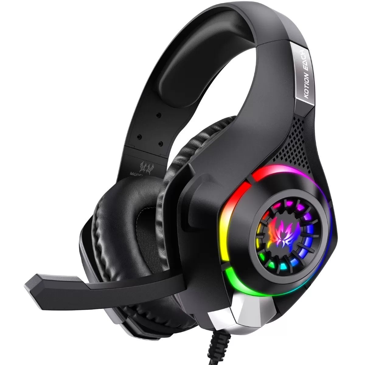 INF Trådbundet gamingheadset med RGB-belysning, 3.5mm enkelkontakt + 1-till-2 adapter, ABS-plast, kompatibelt med PS4, PS5, Svart