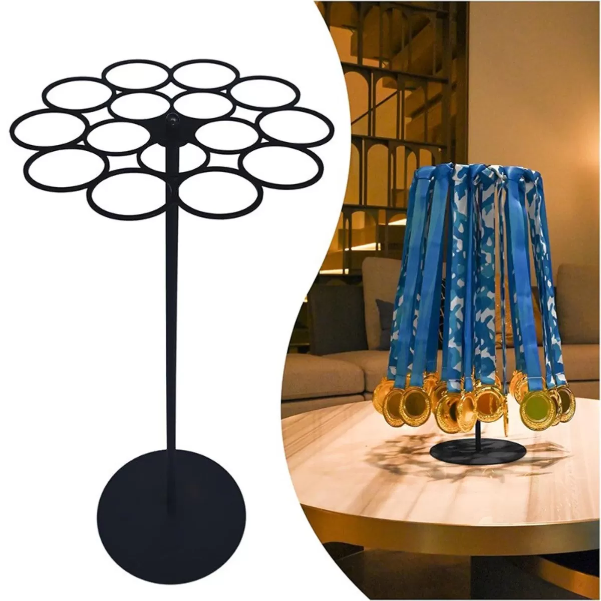 INF Justerbart 360° roterande medaljställ i kolstål för skrivbord – Förlängs till 21.6 inch, rymmer 45+ medaljer