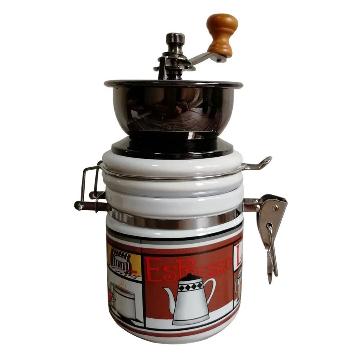 INF Vit keramiskt manuell kaffekvarn – vevdriven retro keramisk burk, förseglad rund cylinder för hem och resa