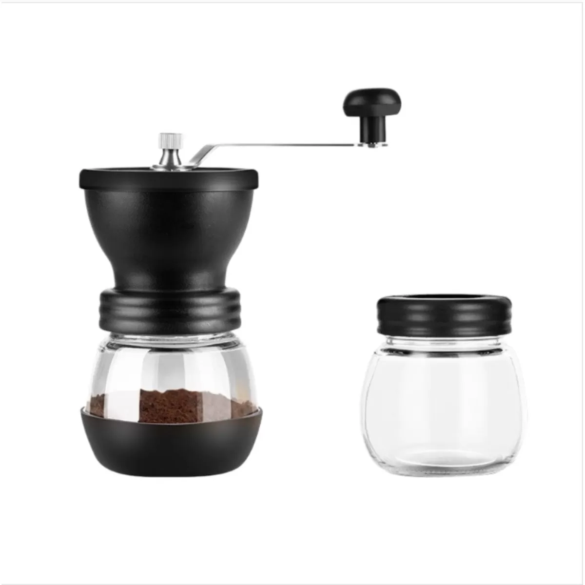 INF Svart manuell kaffekvarn med keramisk malningsdel och förseglad glasburk - handvevad vintage kaffekvarn