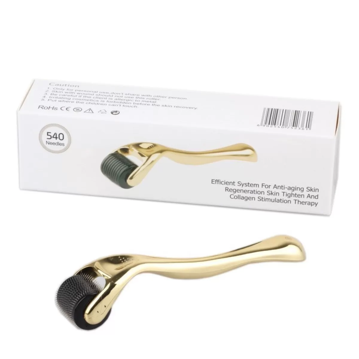INF Microneedle Roller 02 – 540-nålars dermaroller med guldfärgat ABS-handtag för ansikte och kropp Guld 0,3 mm