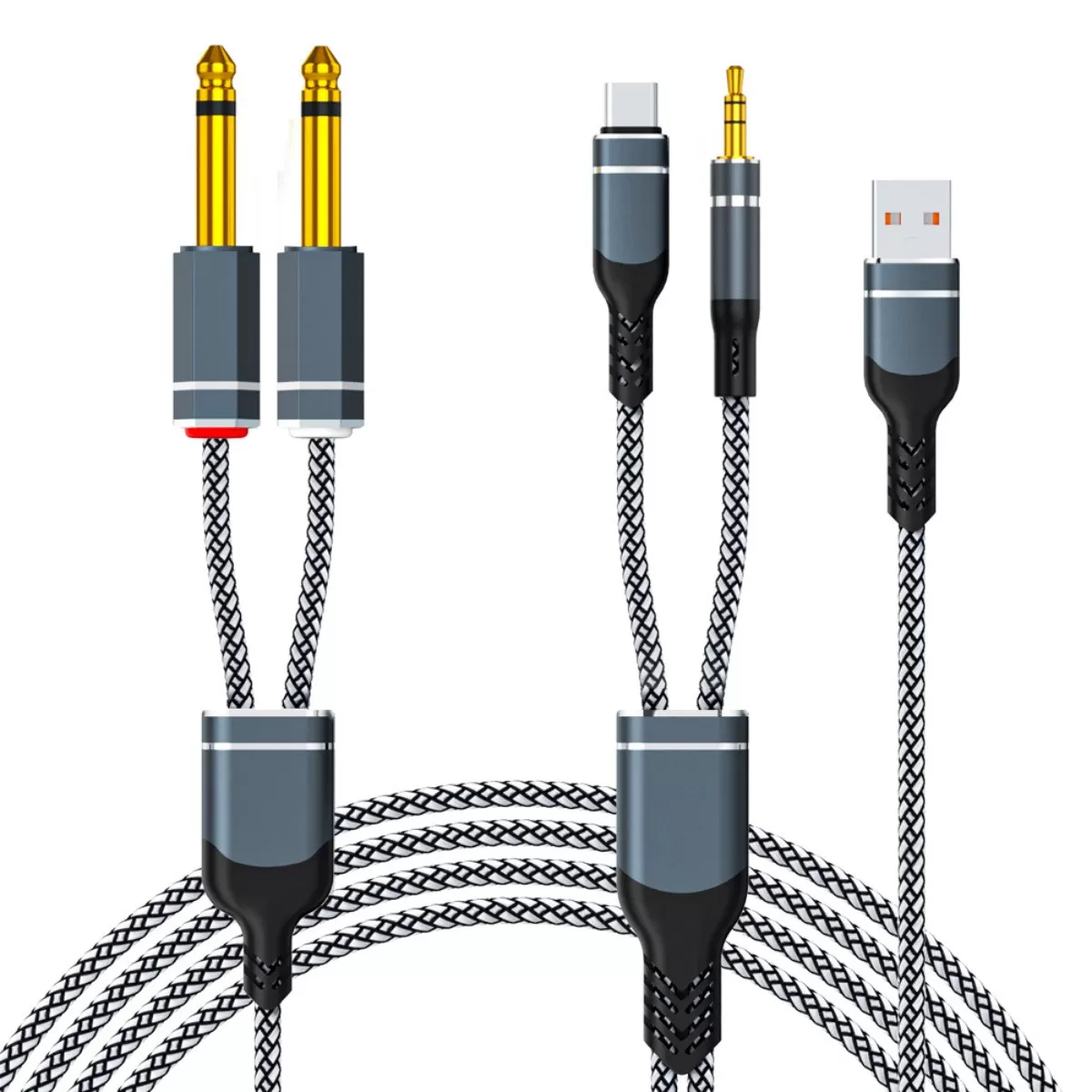 INF Svartvit flätad multifunktions ljud- och laddningskabel - USB-C och 3,5mm till 6,35mm dual-split, legeringskontakter, HiFi, 5 m