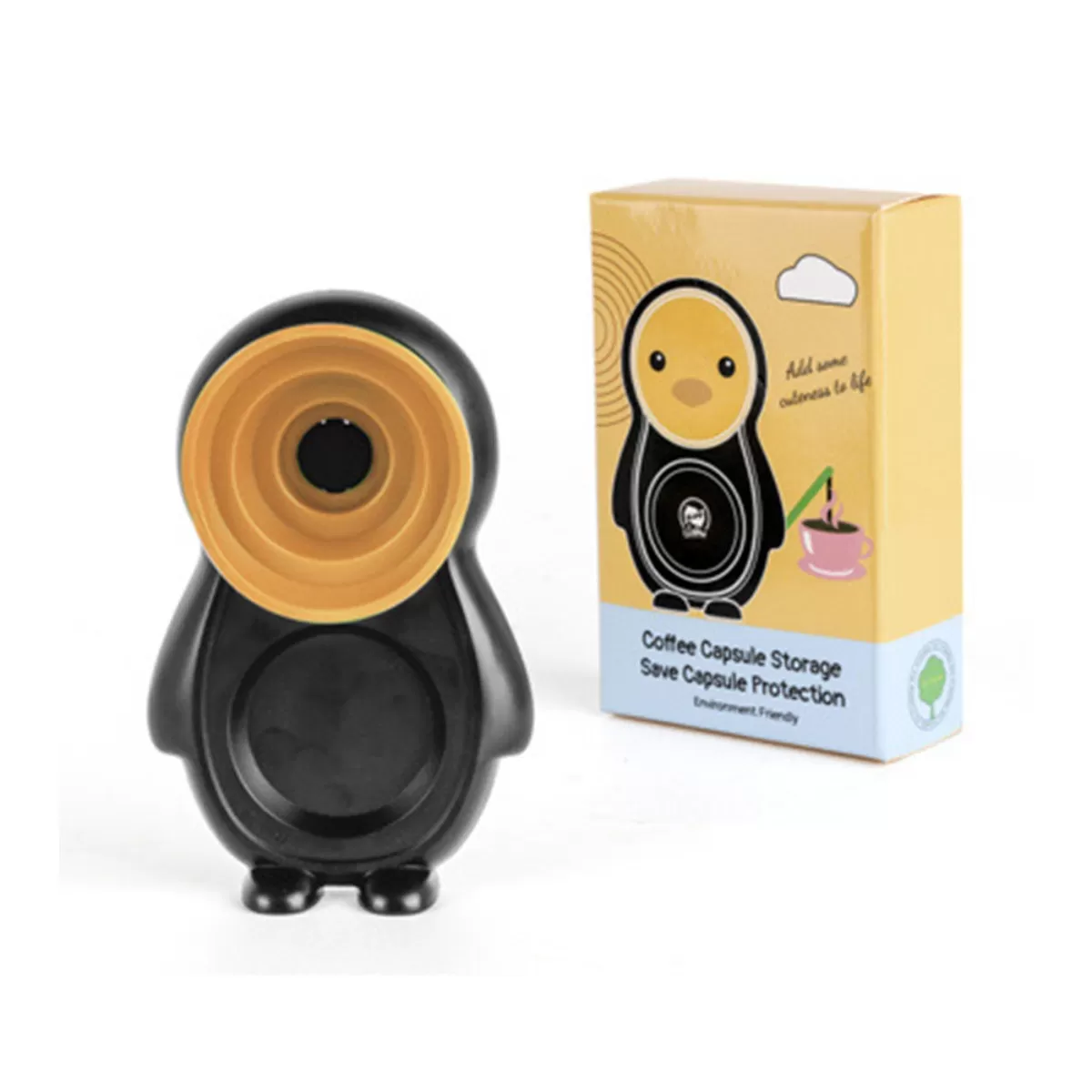 INF Kaffetampdyna och Kapselbas – Söt Pingvin Tampermatta, Platsbesparande Kapselhållare kompatibelt med Nespresso, PP-material Gul