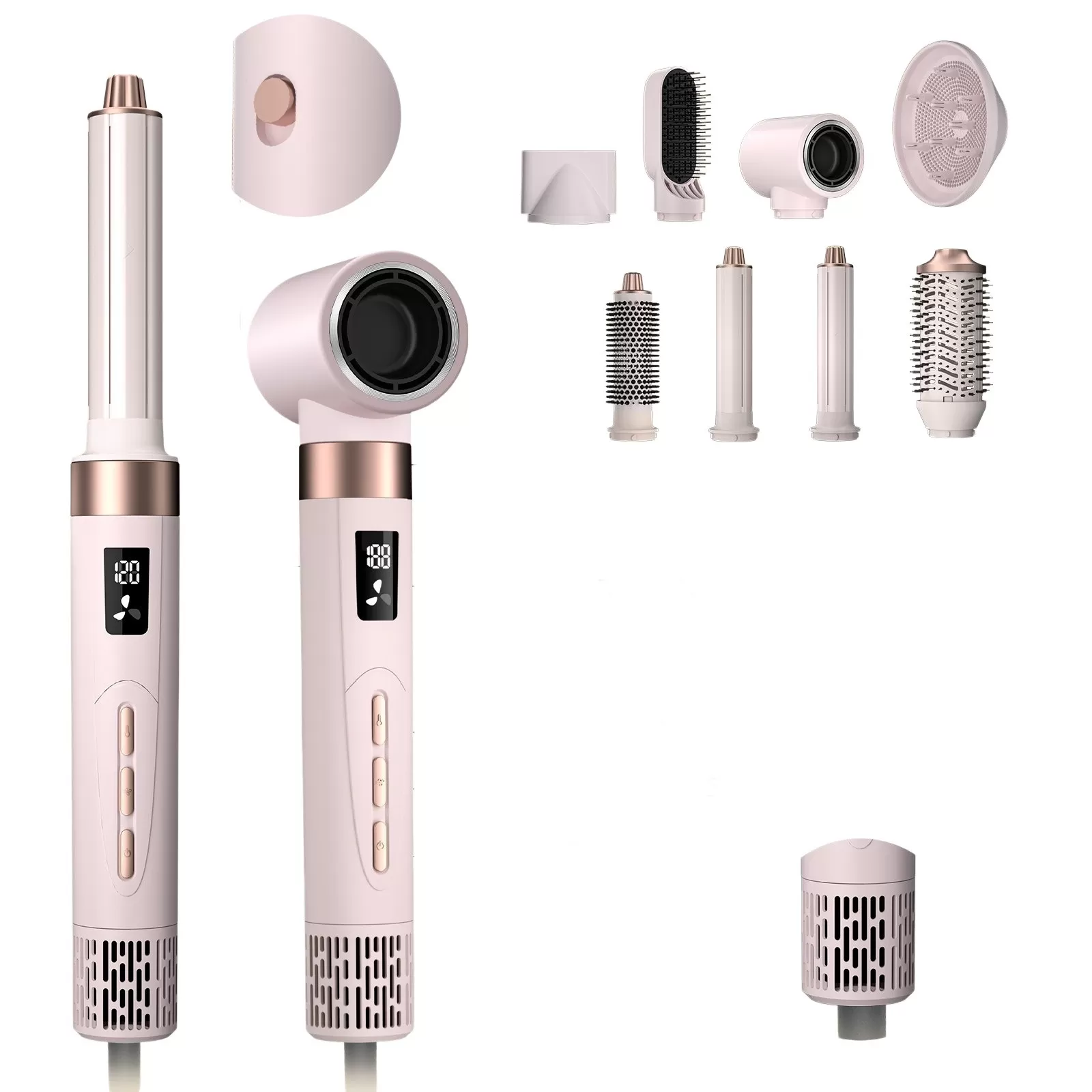 INF 8-i-1 varmluftsborste med hög hastighet EU 220V - 1500W jonisk, borstlös motor, temperaturkontrollerad styler Rosa