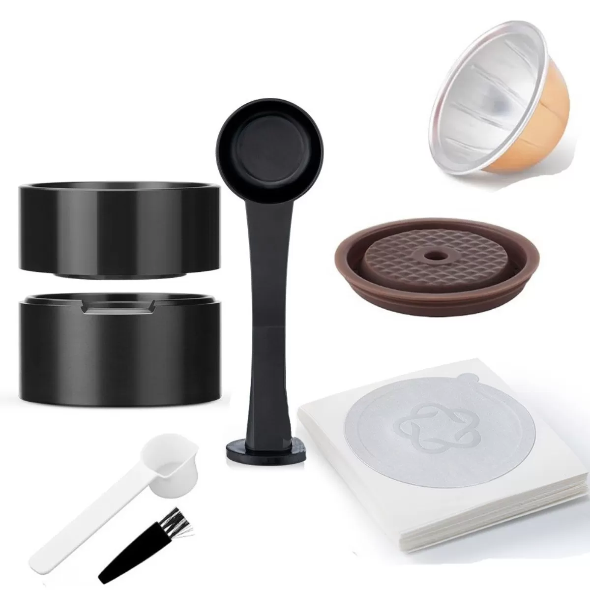 INF Återfyllbart kaffekapselset i PP – Fyll- och förseglingskit med skopa, tamp, borste och 100 G3 aluminiumfolie, kompatibelt 230 ml