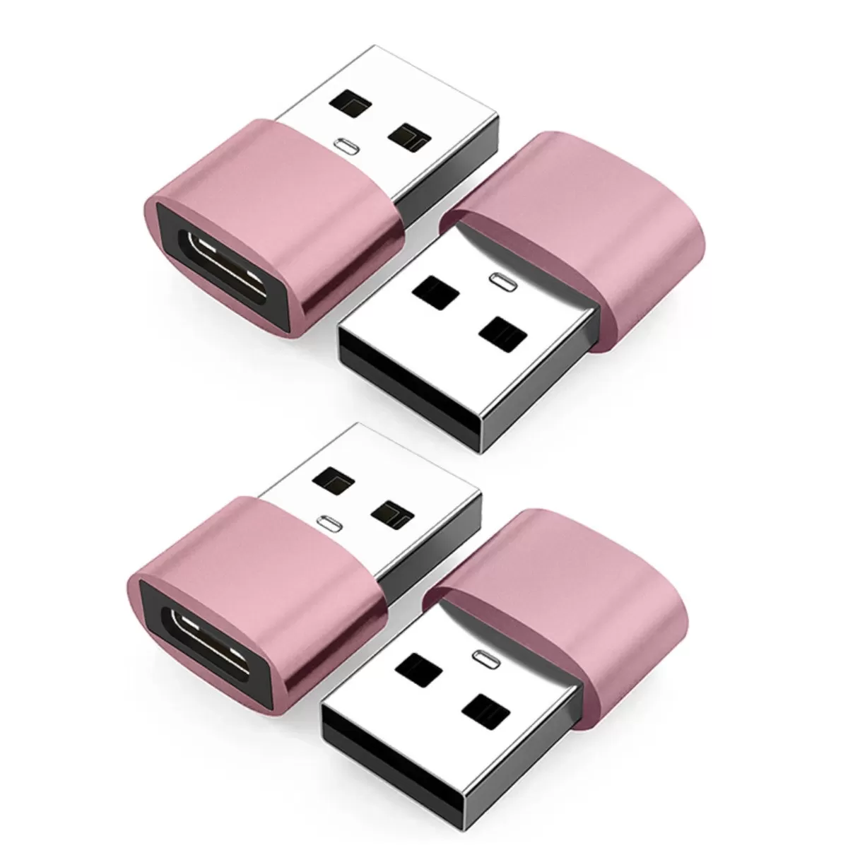 INF USB till USB-C-adapter 4-pack – Type-C hona till USB-A hane, USB 2.0 för laddning och data, PD-kabel- och ljudomvandlare, Rose guld