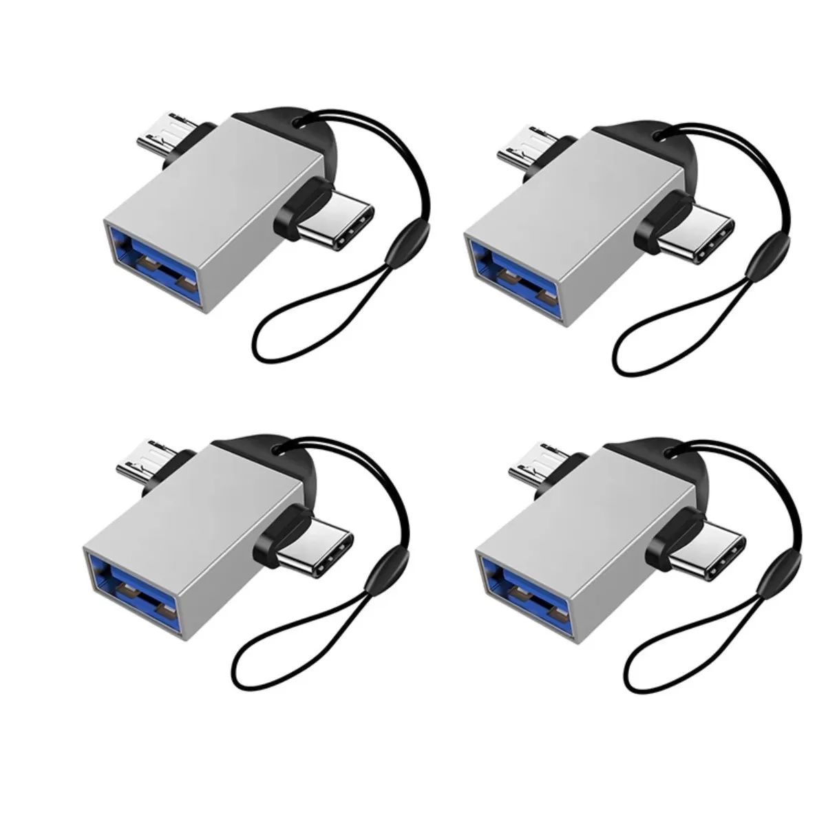 INF 2-i-1 OTG-adapter med snodd 4-pack - USB-C och Micro USB till USB 3.0 kortläsare, kompatibel med Android Silver