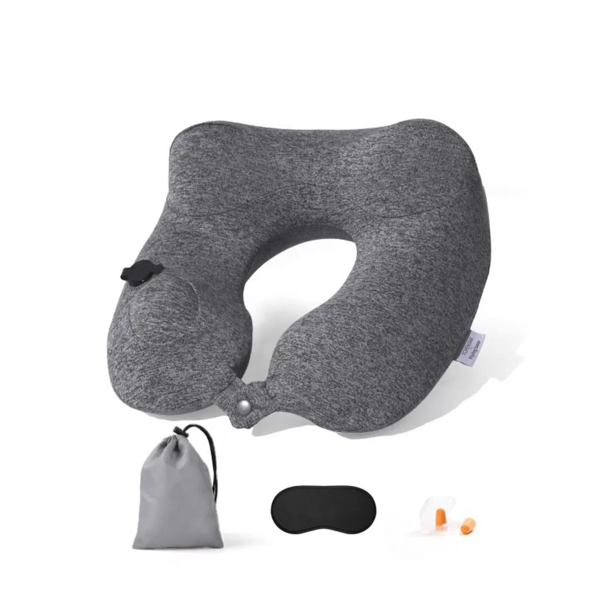 INF Tryckuppblåsbar U-formad Resekudde med Dubbelkupol, PVC-insida och Avtagbart Tvättbart Överdrag Mörkgrå