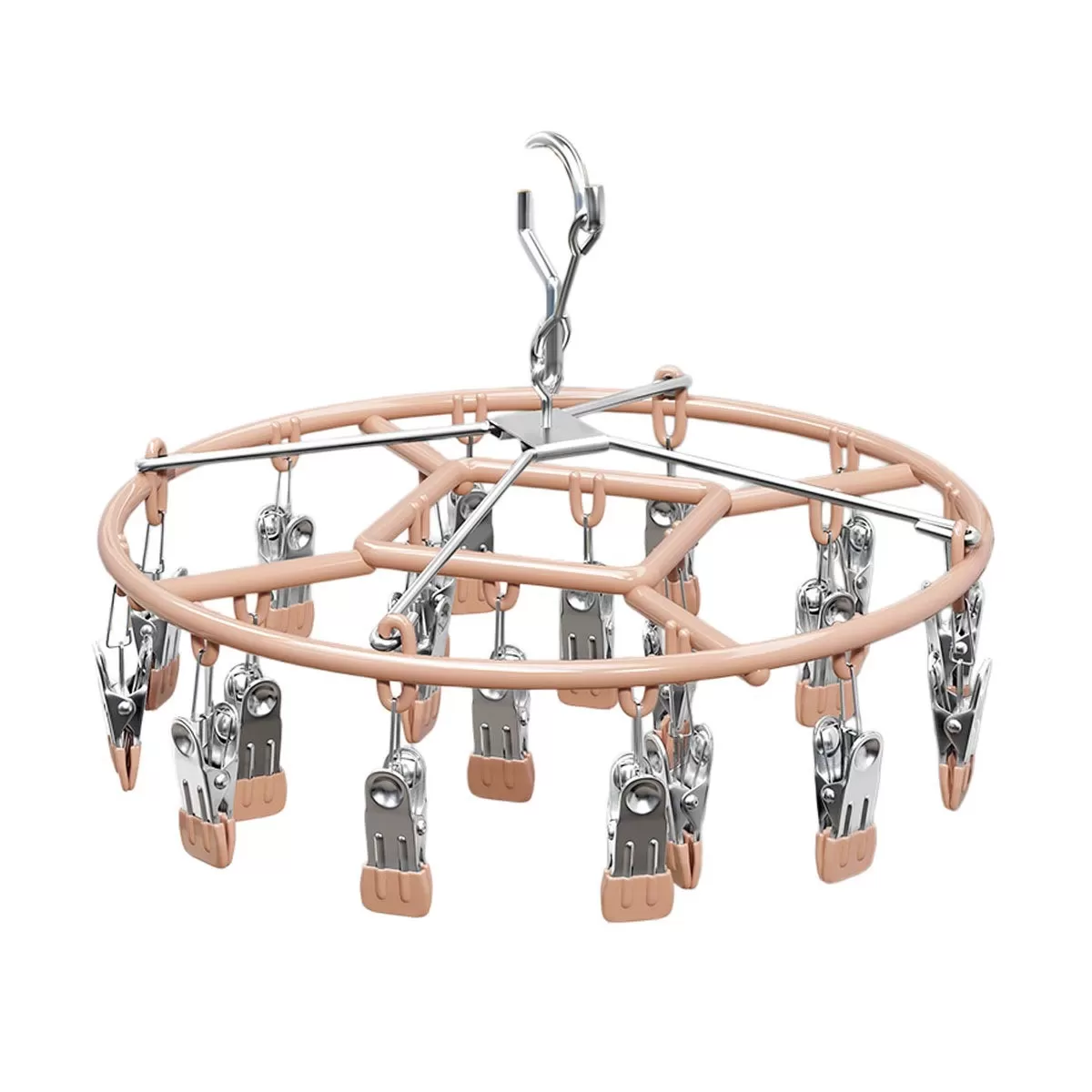 INF Multifunktionellt roterande torkställ i rostfritt stål med 24 klämmor - 360° rotation, mjuka skyddsklämmor, Rosa