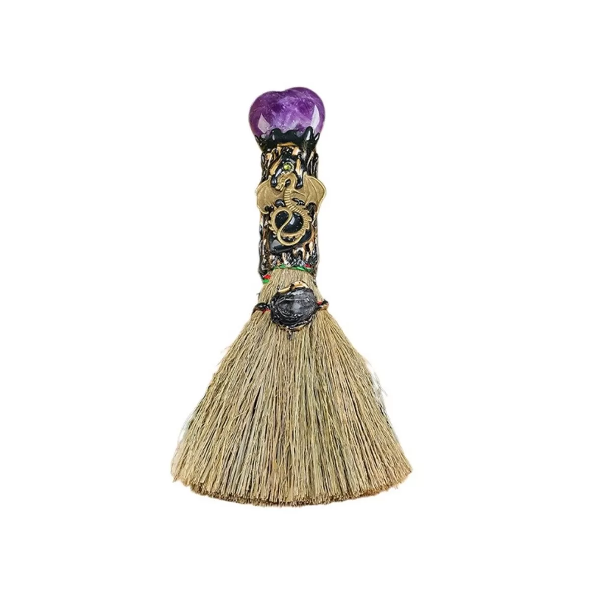 INF Ametisthjärta kristallkvast - Mini handgjord flerfärgad häxkvast prydnad för Halloween och altardekor