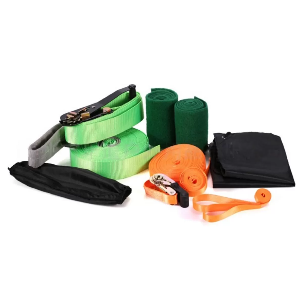 INF Extreme Sports Slackline-kit - komplett 15m slackline för gång och aerial med ratchetspännare, trädskydd och handremmar