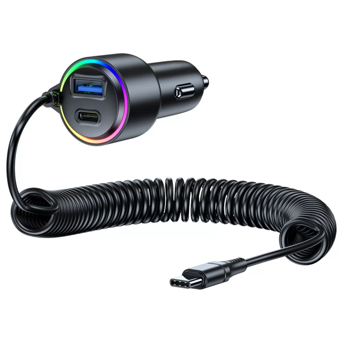 INF Billaddare - Dual PD30W + QC3.0 18W, utdragbar PD45W-kabel, USB-C och USB-A snabbladdare med LED-ambientljus