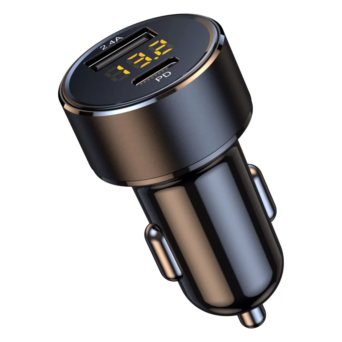INF Dual USB billaddare med Type-C 18W, LED-digital voltmeter, 12-24V universell snabbladdning, kompakt svart