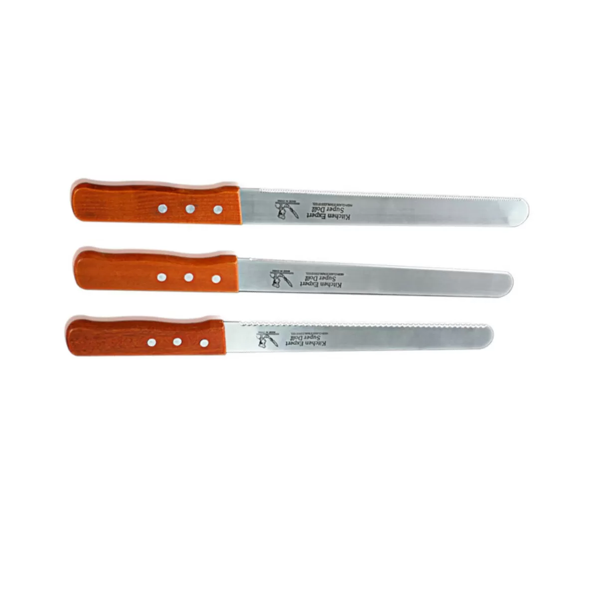 INF 3-delat brödknivset med rostfria tandade blad och trähandtag, silver L