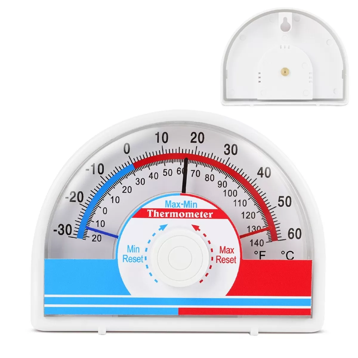 INF Max-Min hög-låg temperaturmätare, vit 430 rostfritt stål och glas, manuell återställning, inomhus/utomhus, utan batteri
