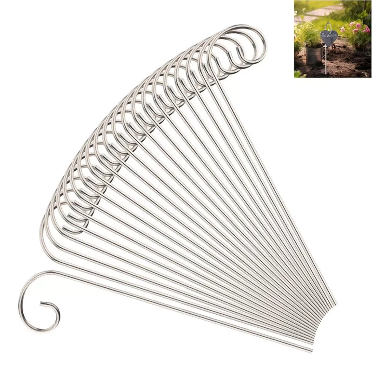 INF 304 rostfritt stål trädgårdsetikettkrokar 30 st - silver, 30cm längd, krokdesign för stabil utomhusskyltning
