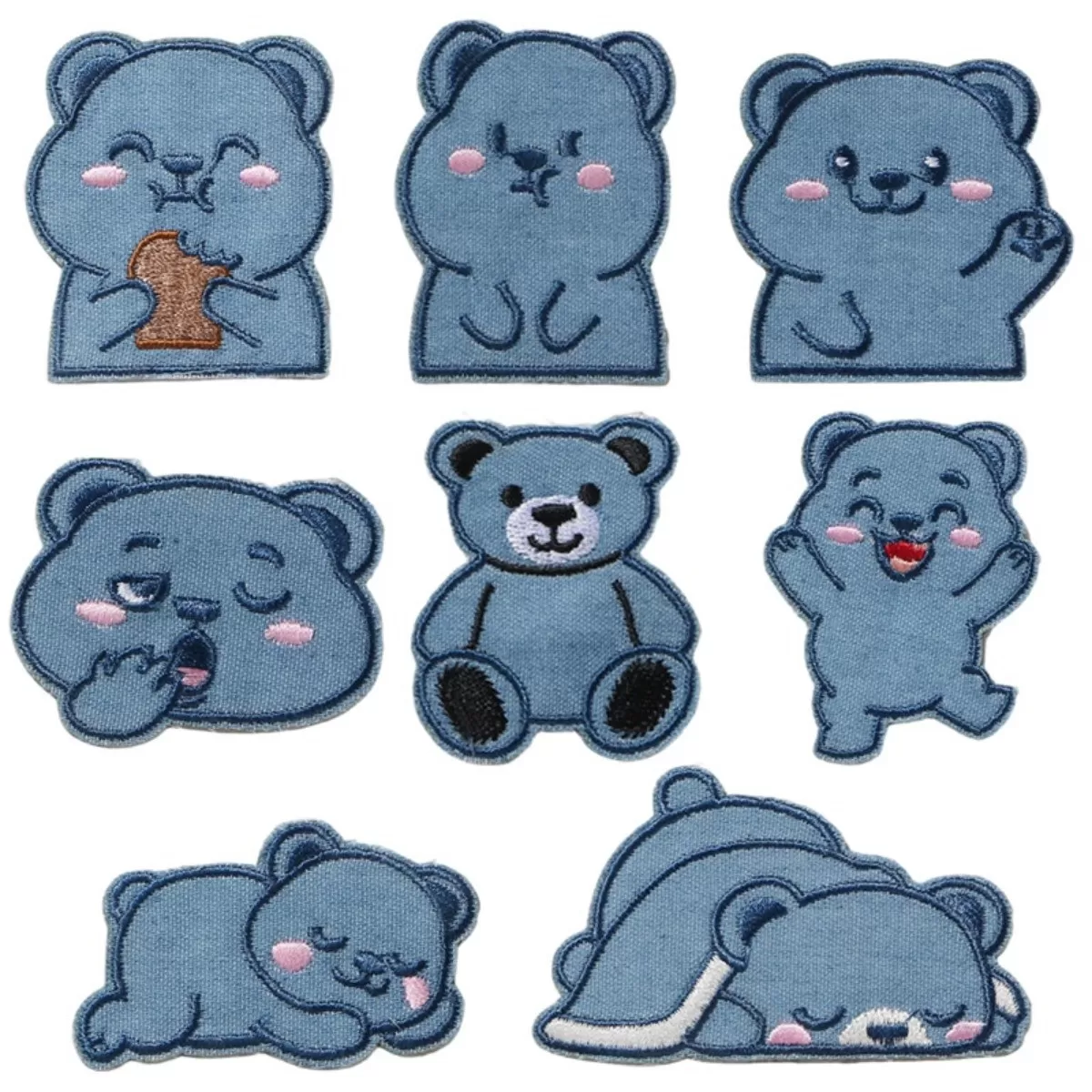 INF DIY Pudding Denim broderade björnpatchar 8-pack - självhäftande tygreparationsapplikationer, blå 5.2cm x 5.5cm