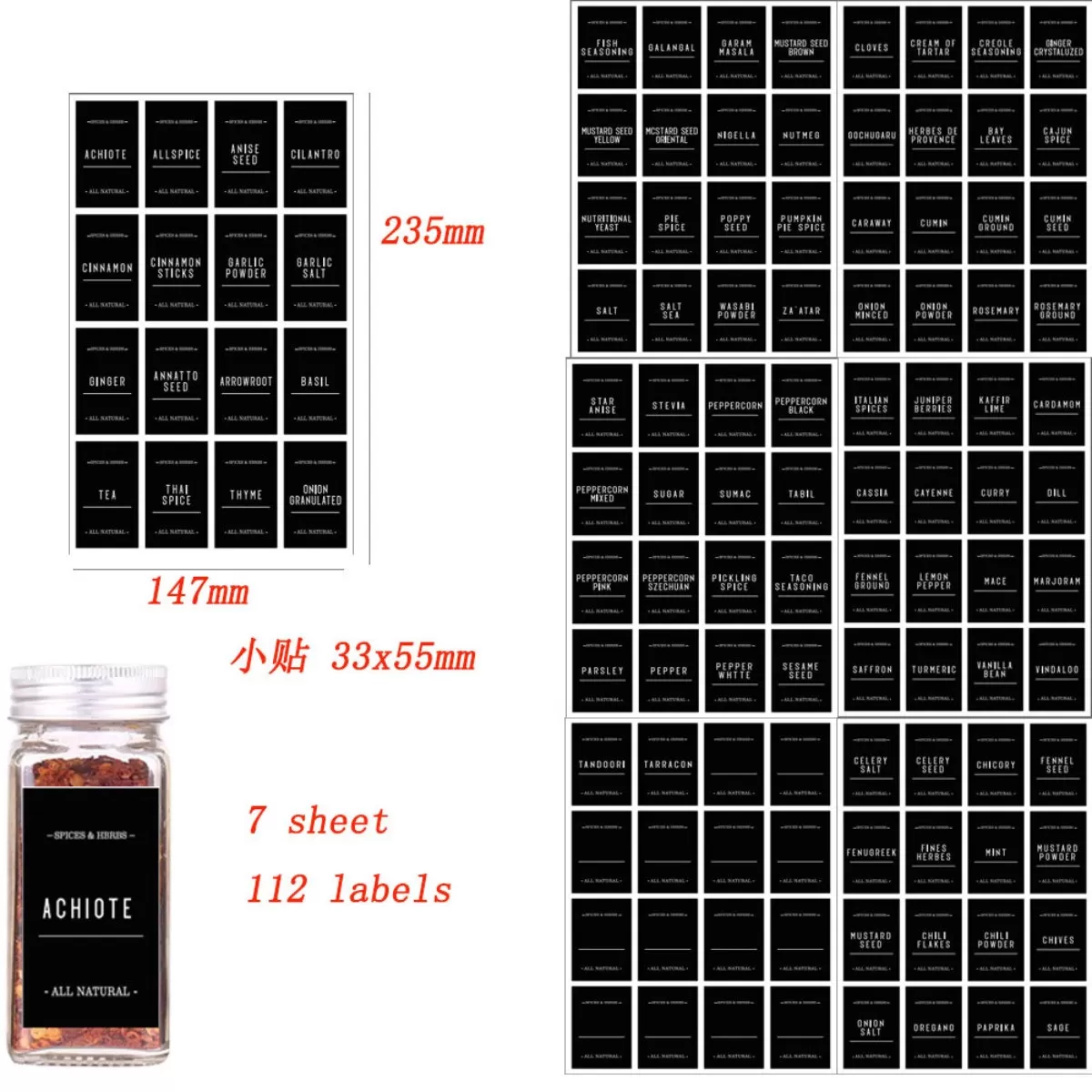 INF Svarta Kryddburksetiketter i PVC - Set med 7 Ark (112 Etiketter)