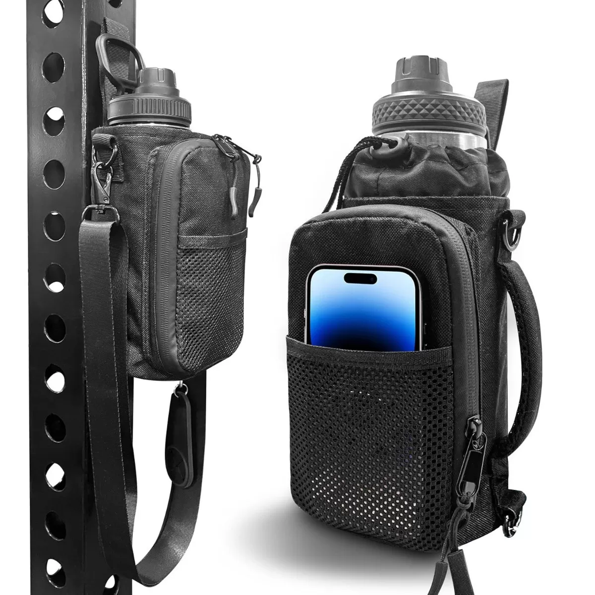INF Magnetisk gymväska för vattenflaska med telefonfack - svart polyester enkelaxlad fitness-sling