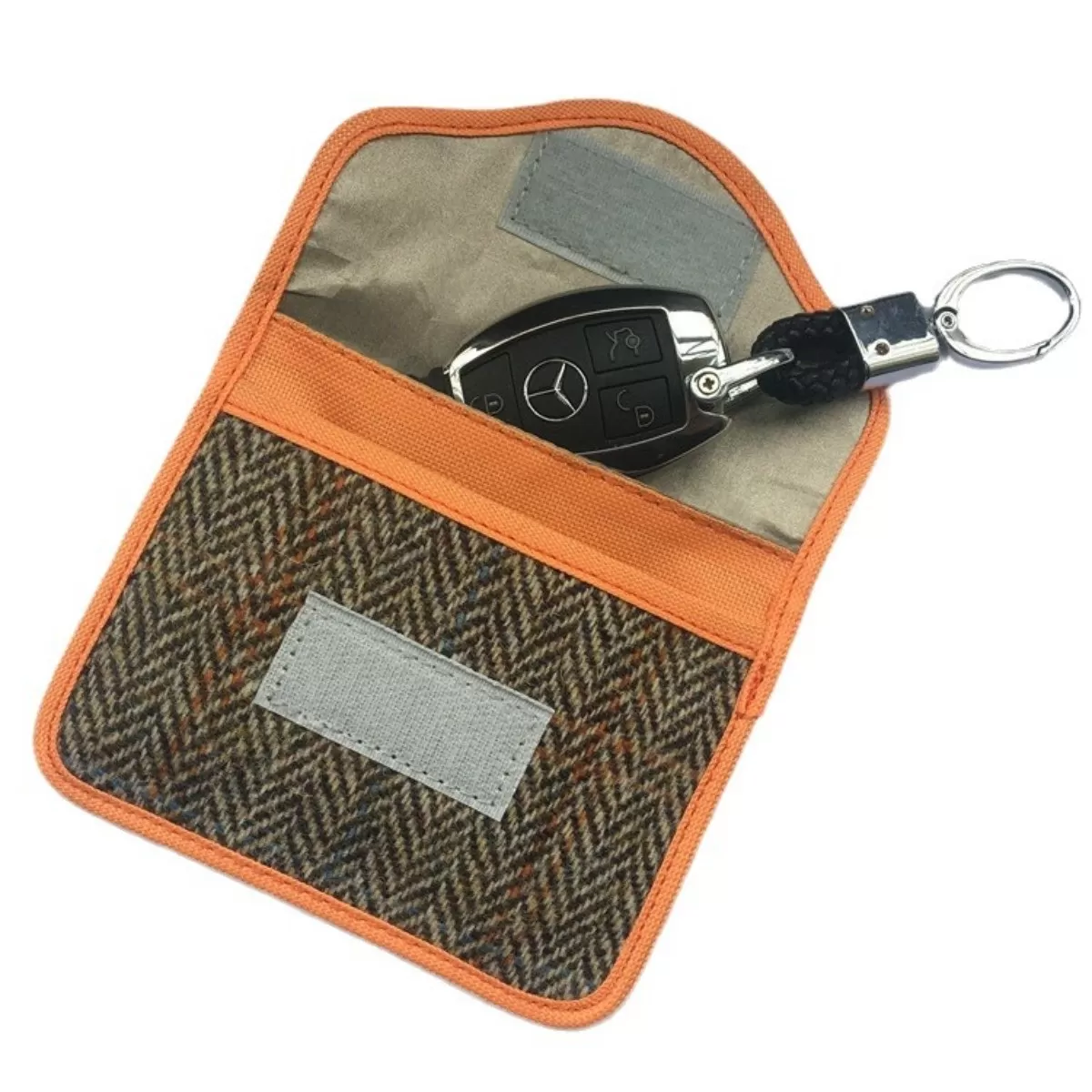 INF Brun ullficka med RFID-skydd, kompatibelt med Harris Tweed, för bilnycklar och telefon