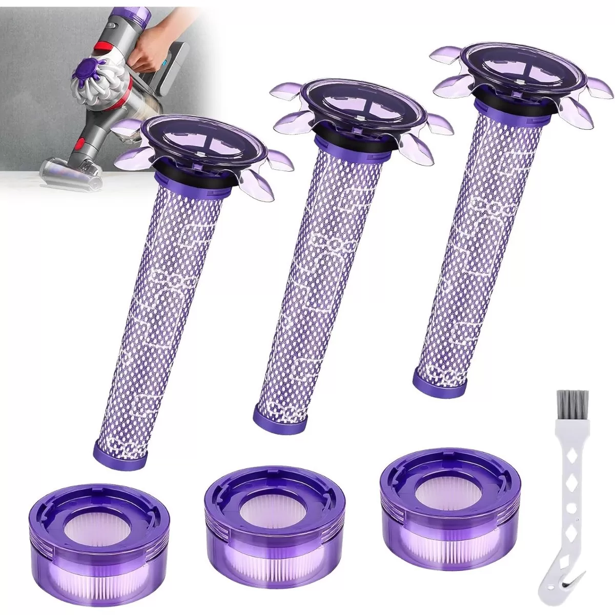 INF Reservdelssats kompatibel med Dyson V8 - 3 HEPA eftermotorfilter, 3 förfilter kompatibel med Samsung och rengöringsborste