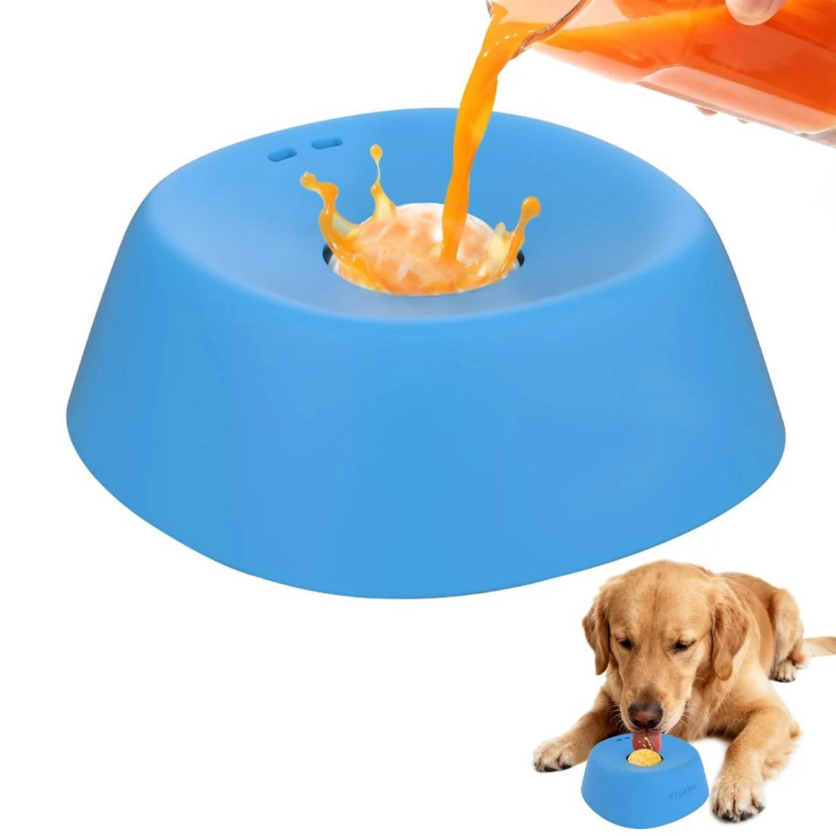 INF Slow feeder-slickskål för hund - Inbyggd rullande kula, halkfri bas, plast för benbuljong och yoghurt Blå