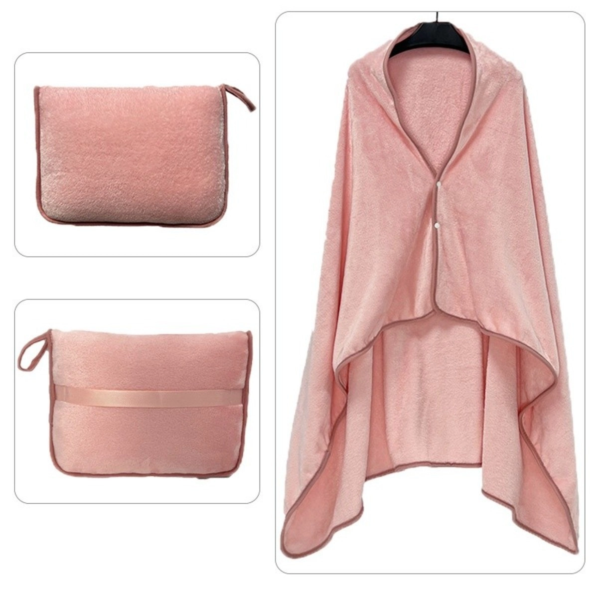 INF Multifunktionell vikbar resefilt sjal - polyesterflanell rosa, 2-i-1 filt och kudde med broderad logotyp