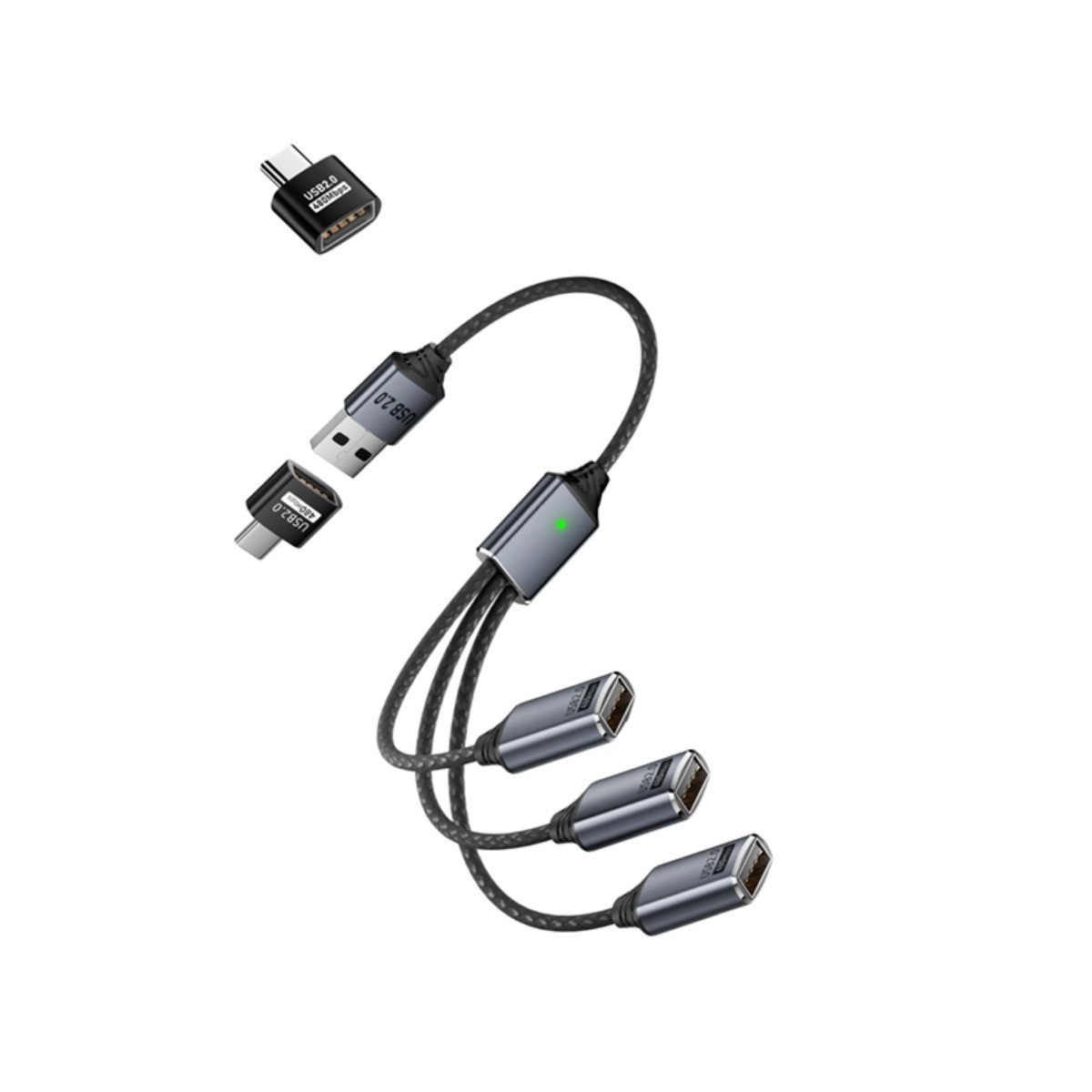 INF USB 3-i-1-splitterkabel med USB-A till Type-C-adapter – aluminiumflätad multiport för telefon, surfplatta och PC