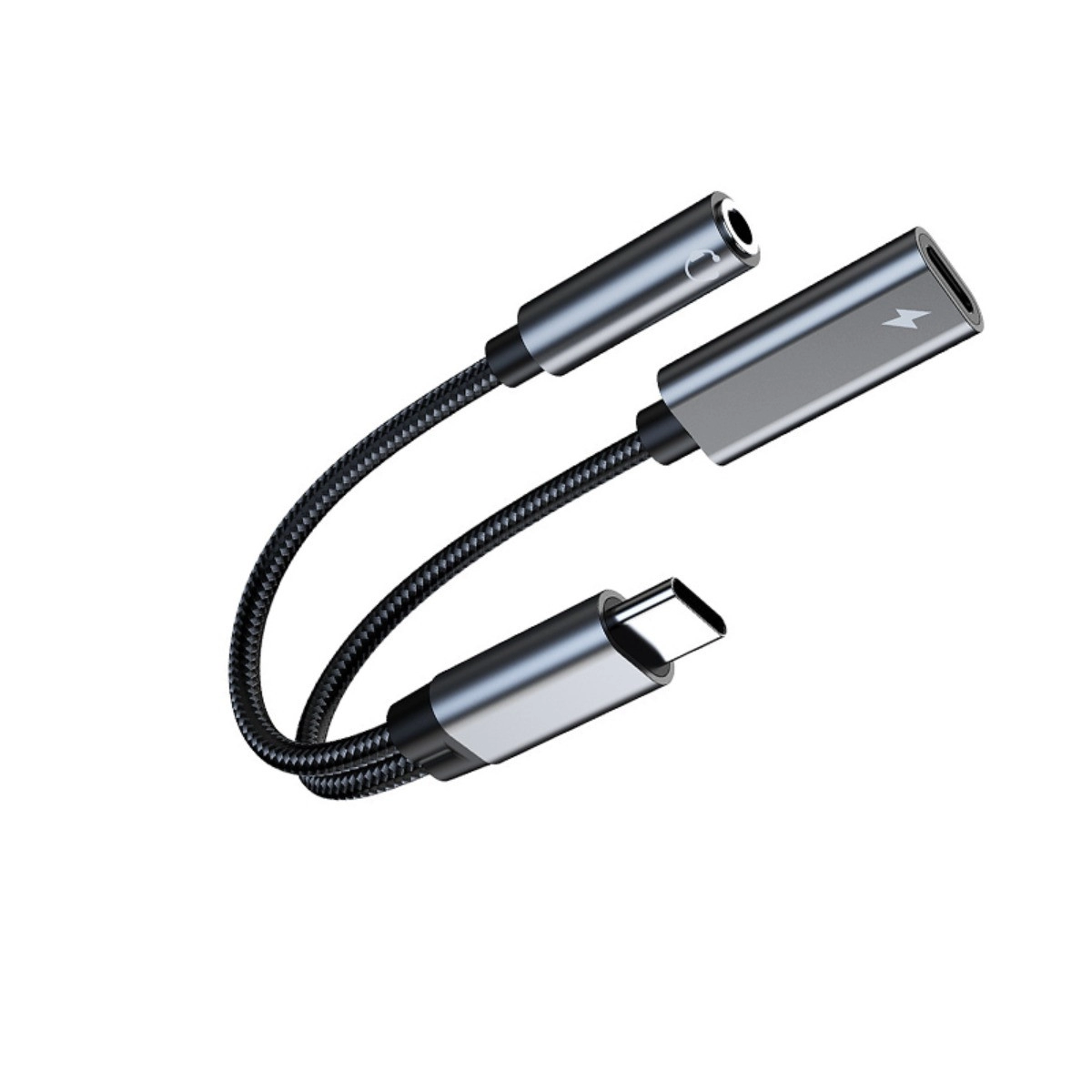 INF Audio Adapter AB136D 24bit/48kHz USB-C till 3,5mm Hi-Res Audio + 10W laddnings-splitter, aluminiumlegering flätad,