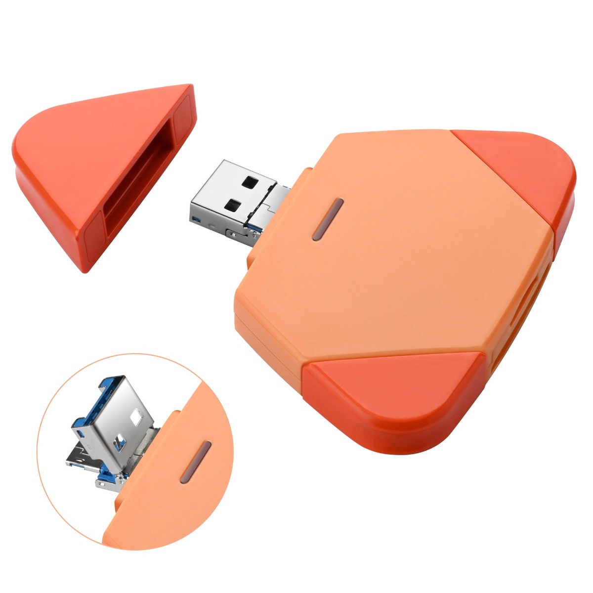 INF 3-i-1 magnetisk avtagbar kortläsare - Lightning, USB-C & USB-A, stödjer SD/TF, kompatibelt med iPhone och iPad Orange