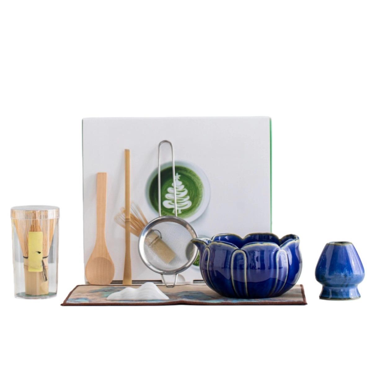 INF Keramisk matcha-skål med pip och finborstad visp - handgjort matcha-set för ceremoniell och daglig användning Mörkblå