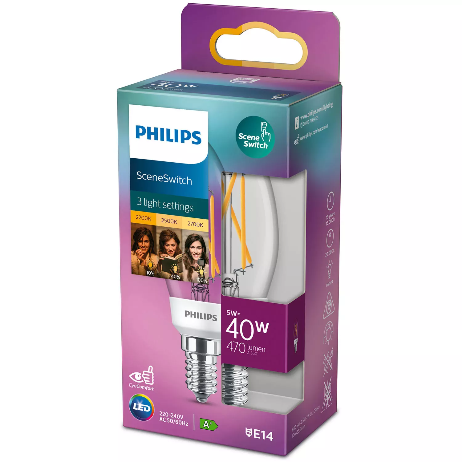 Philips LED SceneSwitch E14 P45 Kron 40-18-9W Klar