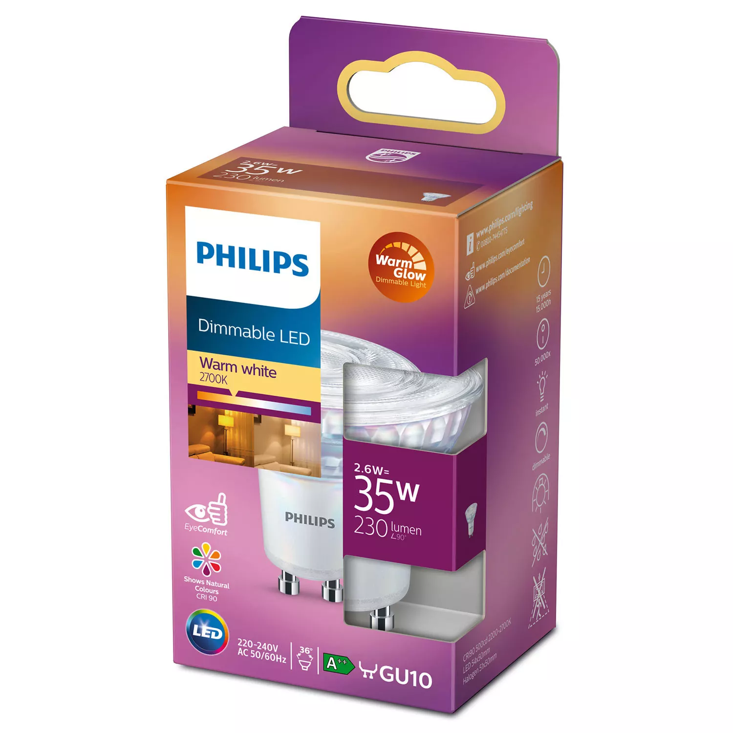 Philips LED GU10 Spot 2,6W (35W) Dimbar WarmGlow 230lm