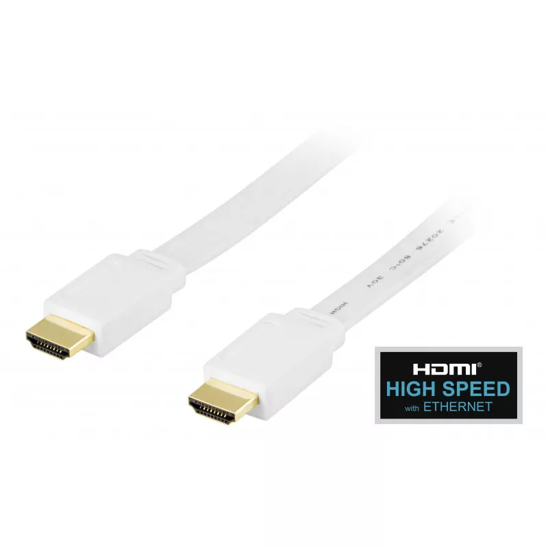 deltaco Flat HDMI cable, HDMI High Speed with Ethernet, 1m, white
